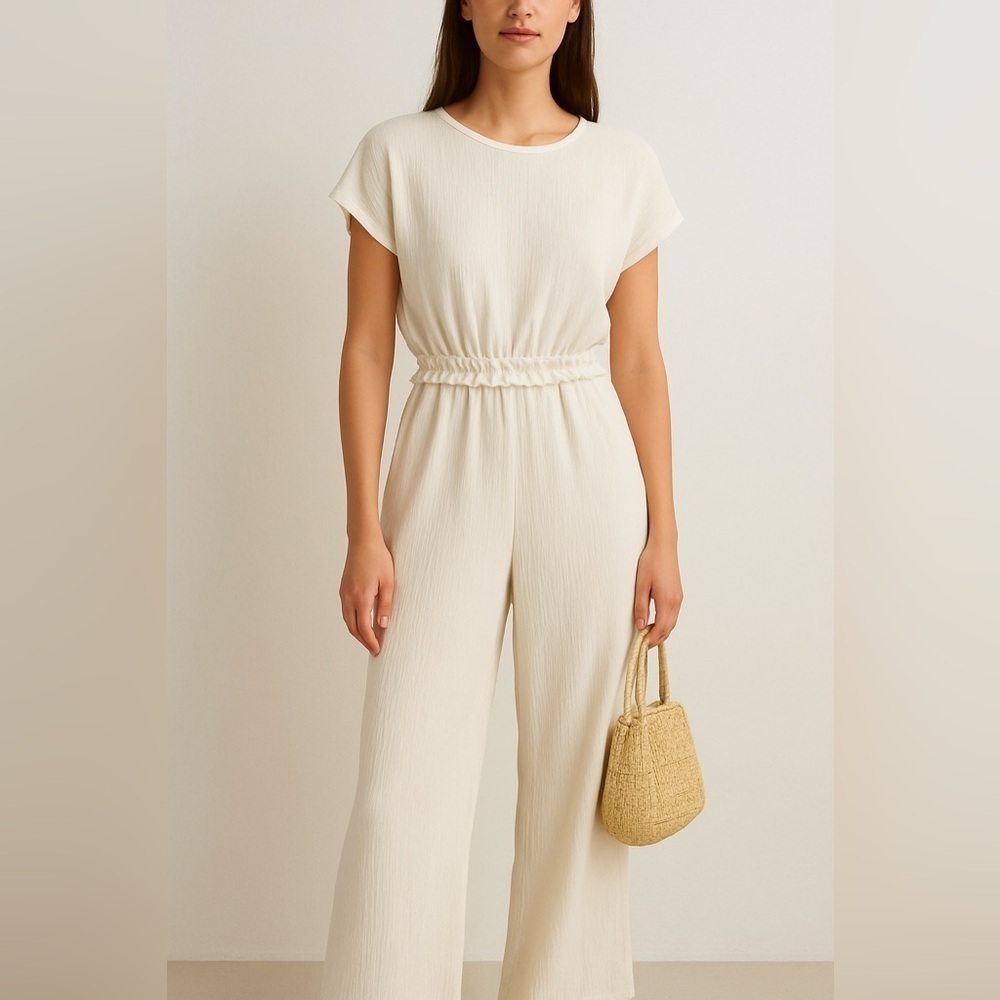ZARA Textured Cream Jumpsuit Elastic Waist Wide Leg (Fits XS/S) (13-14 girls)